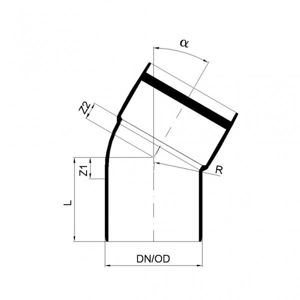 Technische Zeichnung eines Rohrbogens mit Maßen für Winkel, Nenndurchmesser und Länge.