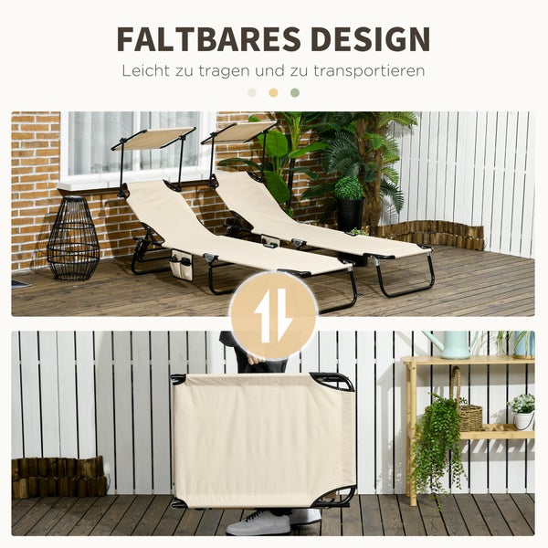 Zwei klappbare Gartenliegen mit Sonnendach auf einer Terrasse sowie eine Person, die eine zusammengeklappte Liege trägt.