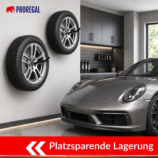 Proregal Logo. Zwei Autoreifen mit Felgen platzsparend an der Garagenwand auf Halterungen montiert. Ein Sportwagen steht in der modernen Garage.