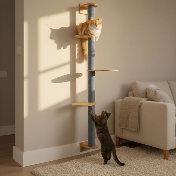 Wandmontierter Kratzbaum mit Sisalstamm und Holzplattformen zur Katzenbeschäftigung im Wohnzimmer