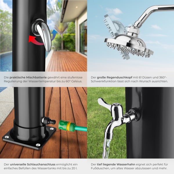Details einer Pooldusche mit Mischbatterie, Duschkopf, Schlauchanschluss und Wasserhahn