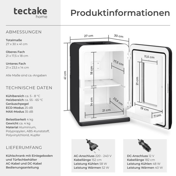 Produktinformationen für einen tragbaren Minikühlschrank mit Abmessungen