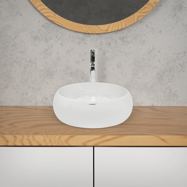 ECD Germany Waschbecken Waschtisch Ø 350 x 120 mm aus Keramik Rund Weiß - Aufsatzbecken Aufsatzwaschbecken Handwaschbecken Aufsatzwaschtisch Spülbecken Becken Wasserfall Waschschale Waschschüssel