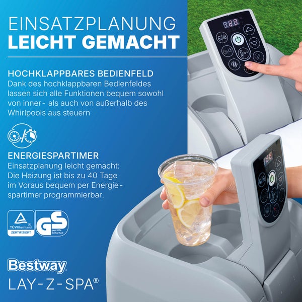 Bestway Lay-Z-Spa Whirlpool mit hochklappbarem Bedienfeld, Energiespartimer, TÜV Rheinland Zertifiziert Siegel und Geprüfte Sicherheit Siegel