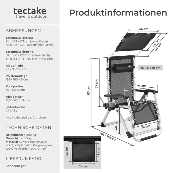 Sonnenliege tectake Cloud II mit Ablagetisch und Stautasche klappbar, flexible Rückenlehne und Fußablage schwarz