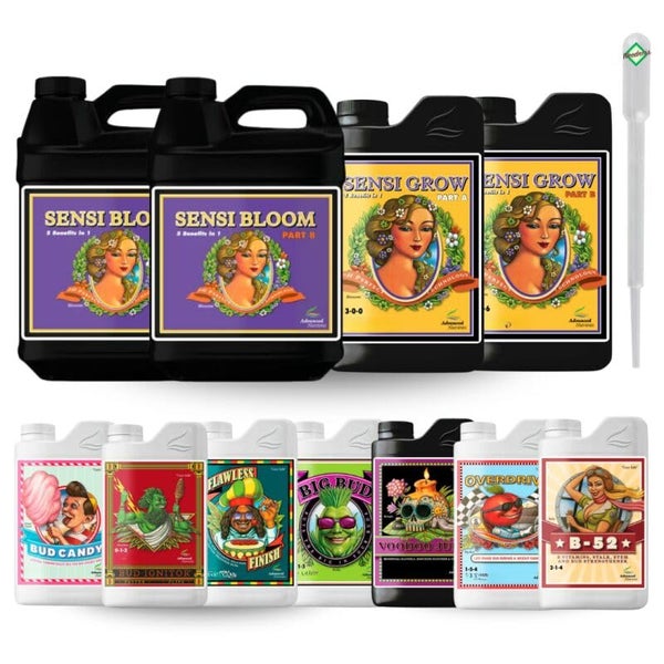 Set aus Advanced Nutrients Pflanzendüngern wie Sensi Bloom, Sensi Grow, Bud Candy, Big Bud und Voodoo Juice inklusive einer Pipette.