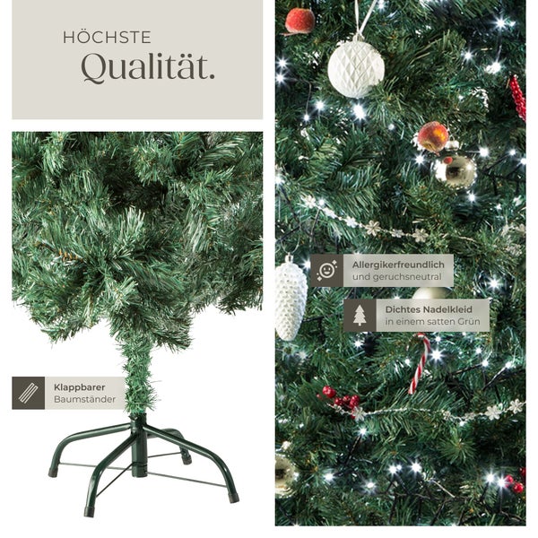 Künstlicher Weihnachtsbaum mit dichtem Nadelkleid, klappbarem Baumständer, allergikerfreundlich und geruchsneutral geschmückt.