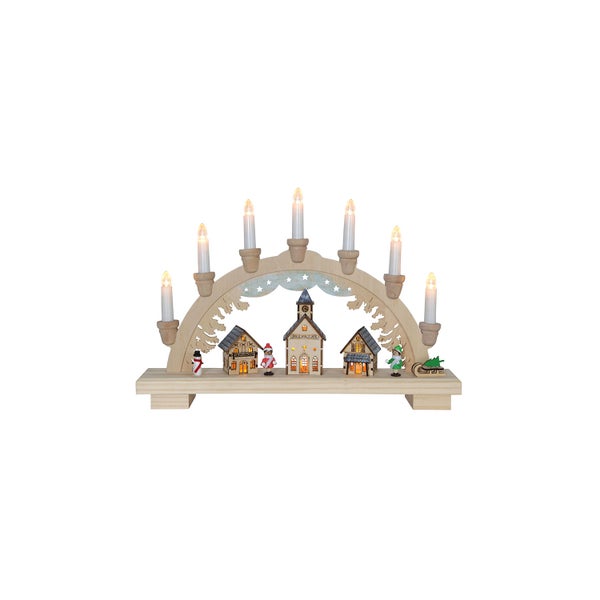 Holzschibbogen mit Kirche, Häusern, Figuren und Kerzen