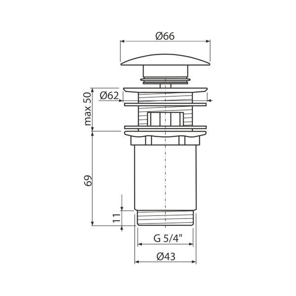 Maßzeichnung eines Ablaufventils für Waschbecken mit Durchmessern von 66, 62 und 43 Millimetern sowie G 5/4 Zoll Anschluss.