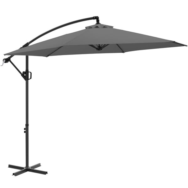Grauer Ampelschirm mit schwarzem Metallgestell und Kreuzfuß.