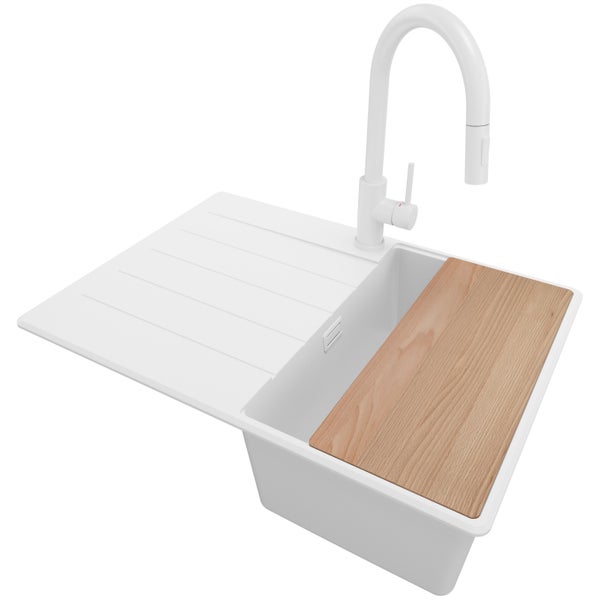 PRIMAGRAN Granitspüle Alles Schwarz 48x53cm, Spülbecken 1 Becken + Küchenarmatur 40x20cm + Ablauf-Set + Küchenzubehörset, Küchenspüle ab 50er Unterschrank - Oslo Pocket