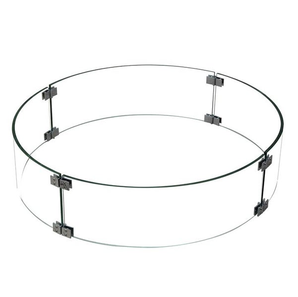 Runder Glas-Windschutz für Feuerstellen mit Metallverbindern.