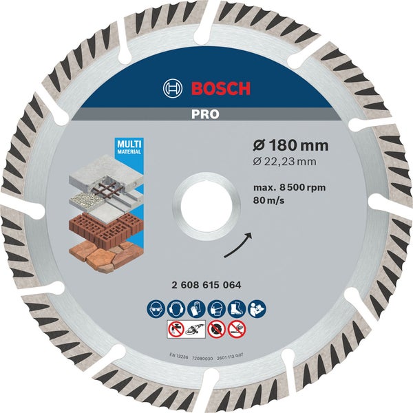Bosch Logo. Trennscheibe mit 180 Millimeter Durchmesser für verschiedene Materialien.