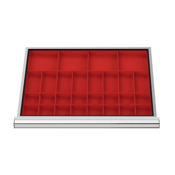 Werkstattschublade mit roter Facheinteilung aus Kunststoff für Kleinteile, silbernes Metallgehäuse.