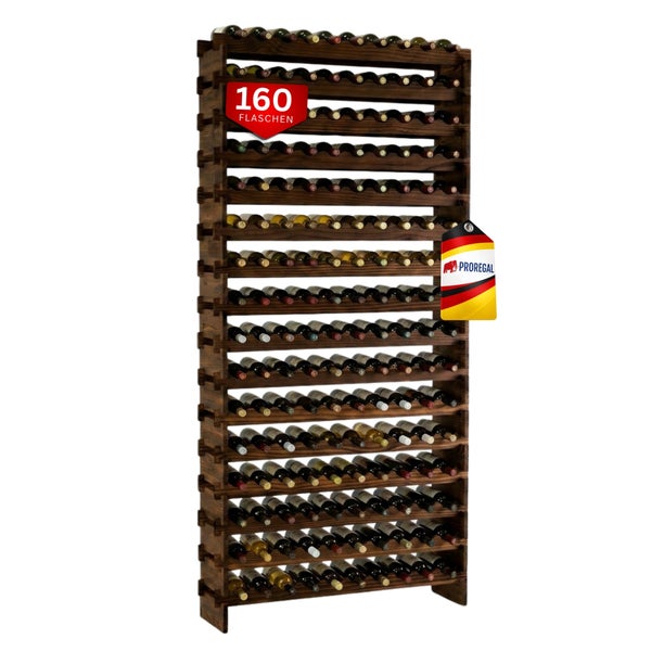 Weinregal aus dunkelbraunem Holz von Proregal für bis zu 160 Flaschen, stehend und befüllt mit Weinflaschen.