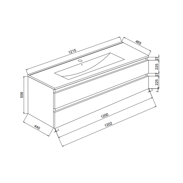 Technische Zeichnung eines Waschtischunterschranks mit Abmessungen