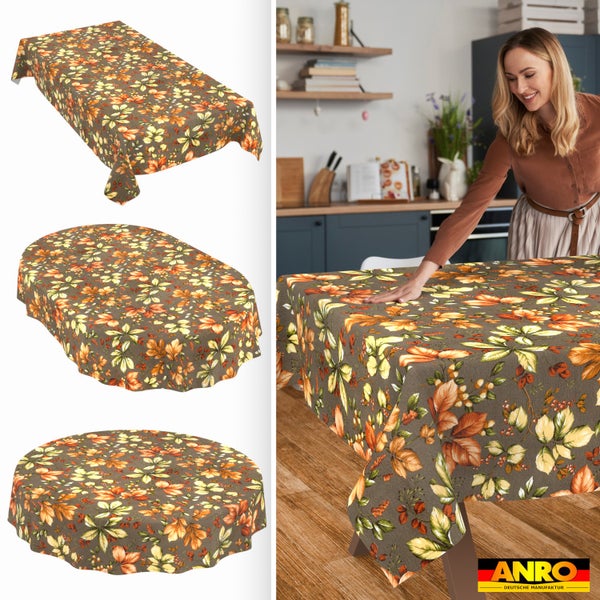 Herbstliche Tischdecke mit Blättermuster in den Formen rechteckig, oval und rund sowie in einer Küche auf einem Tisch liegend. ANRO Logo.
