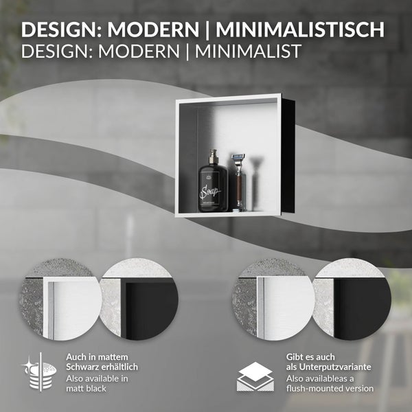Quadratische Wandnische für das Bad im minimalistischen Design aus Edelstahl, auch in mattem Schwarz und als Unterputzvariante erhältlich.