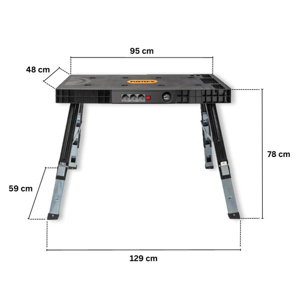 Werkbank mit den Maßen 95 cm Breite, 48 cm Tiefe und 78 cm Höhe