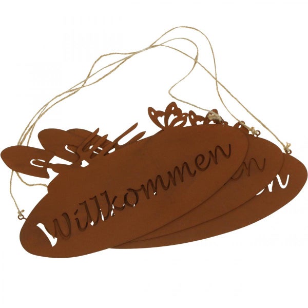 Dekoratives Hängeschild mit der Aufschrift Willkommen und Gartengeräte Motiven.