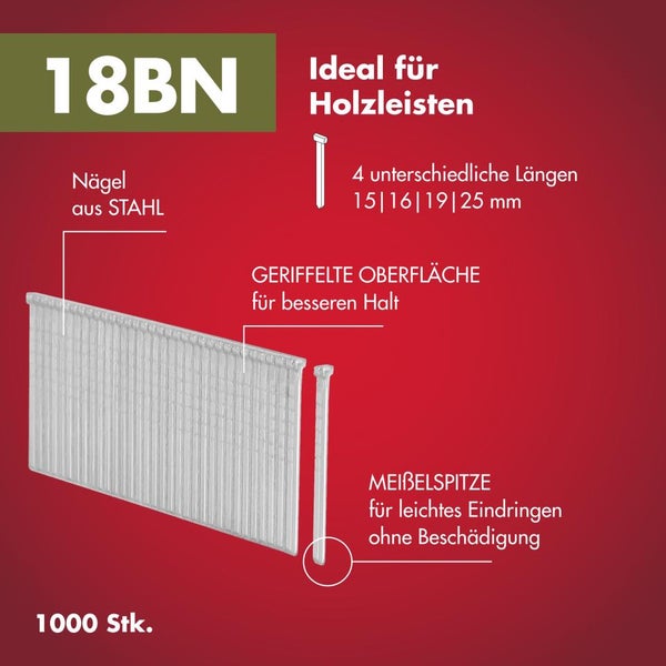 Stauchkopfnägel 18BN aus Stahl für Holzleisten, 1000 Stück, geriffelte Oberfläche, Meißelspitze, Längen 15 bis 25 Millimeter.