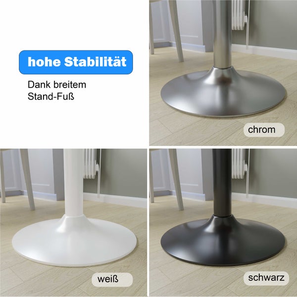 Tischgestell mit rundem Standfuß für hohe Stabilität, erhältlich in den Ausführungen Chrom, Weiß und Schwarz.