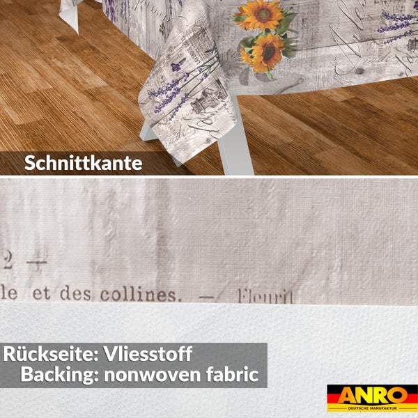 Wachstuch-Tischdecke mit Sonnenblumen- und Lavendel-Motiv, Detailansicht der Schnittkante und der Rückseite aus Vliesstoff, ANRO Logo.
