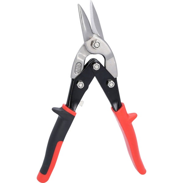 Idealschere für Blech mit Hebelübersetzung, Chrom-Vanadium-Stahl-Klingen und schwarz-roten ergonomischen Griffen.