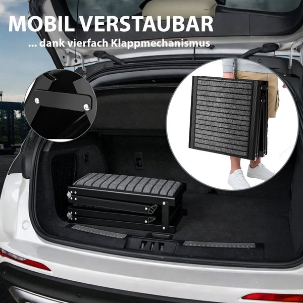 Zusammengeklappte Hunderampe im Kofferraum eines Autos sowie eine Person, die die kompakte Rampe trägt.