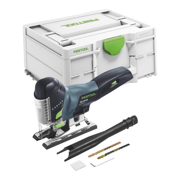 Festool Akku-Stichsäge Carvex PSC 420 EB mit Systainer, Absaugadapter, zwei Sägeblättern und Zubehör.