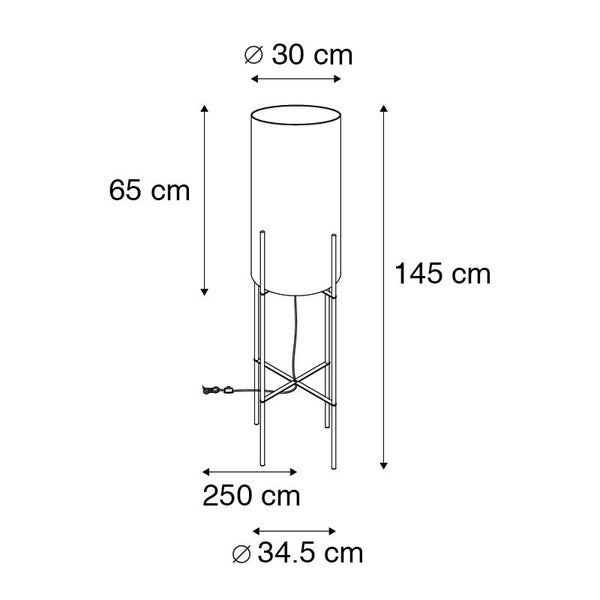 Stehleuchte: Höhe 145 Zentimeter, Schirmhöhe 65 Zentimeter, Durchmesser 30 Zentimeter, Fußdurchmesser 34,5 Zentimeter, Kabel 250 Zentimeter.