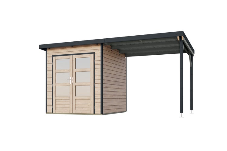 Gartenhaus aus Holz mit Pultdach, Doppeltür mit Glaseinsätzen und seitlichem Schleppdach.