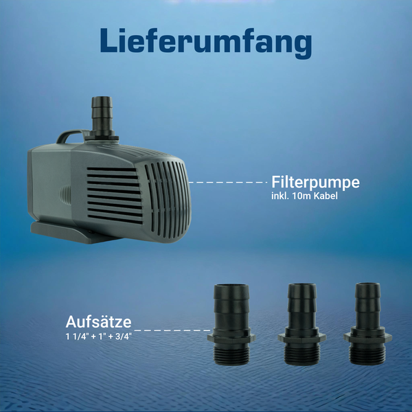 Lieferumfang Filterpumpe inklusive 10 Meter Kabel und drei Aufsätze in den Größen 1 1/4 Zoll, 1 Zoll und 3/4 Zoll.
