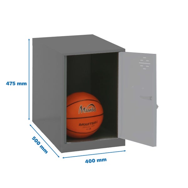 Metallschrank mit einer Tür und einem Basketball darin, Größenangaben inklusive