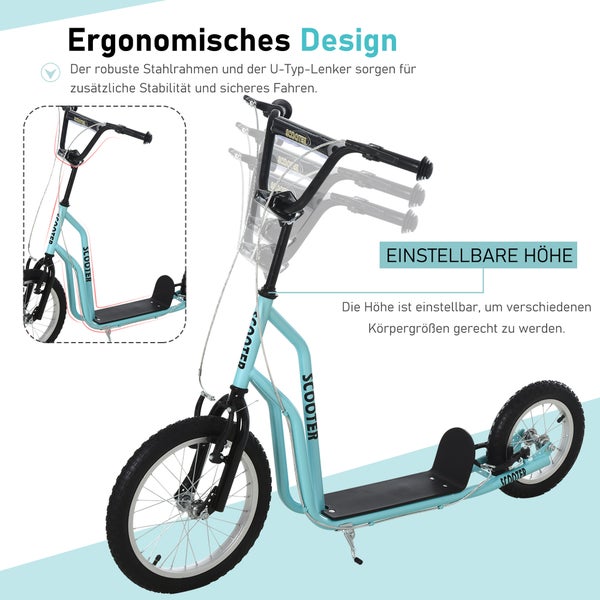 HOMCOM Kinderroller, 135L x 58B x 88-94H cm, Stahl, Aluminium, Gummi, Blau