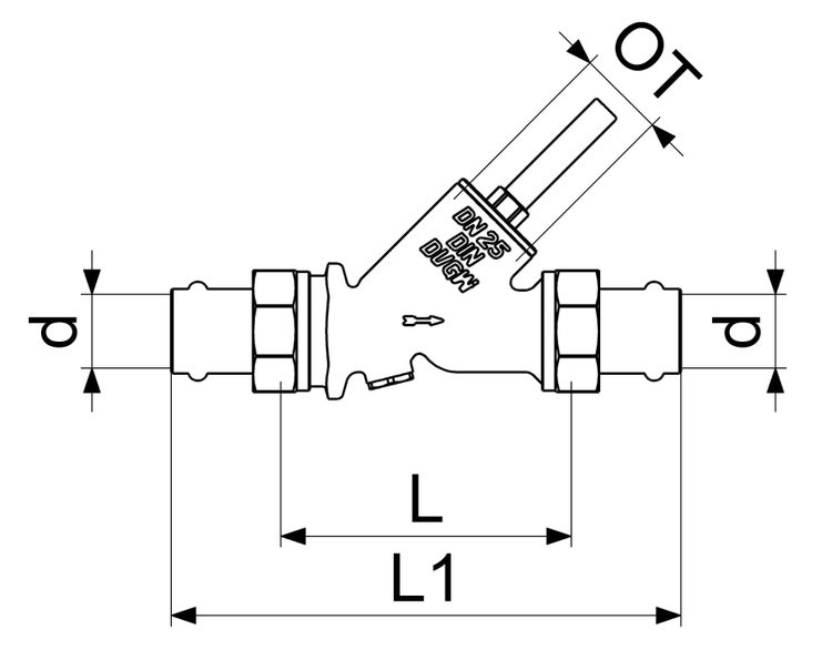 Technische Zeichnung eines Schrägsitzventils mit Pressanschlüssen und Maßangaben für Durchmesser d, Längen L und L1 sowie Oberteil OT.