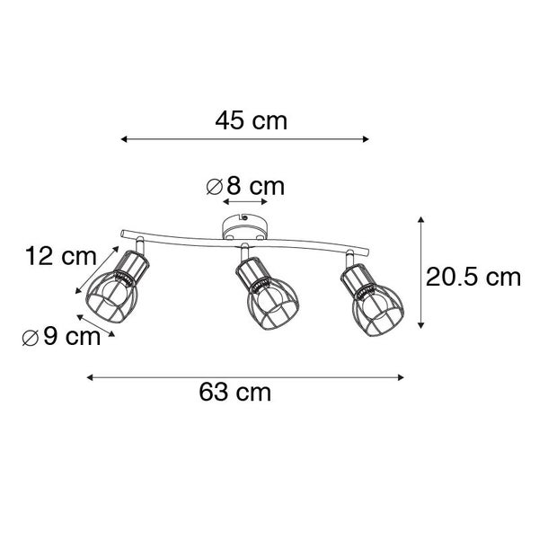 Technische Zeichnung einer Deckenleuchte mit drei Strahlern und Maßangaben.