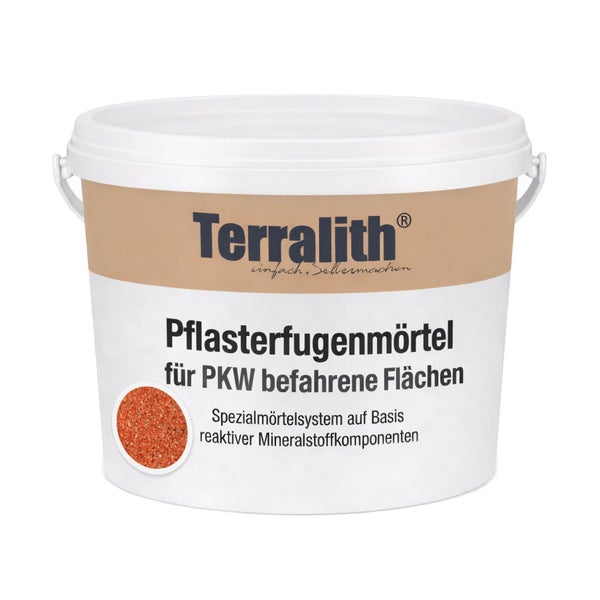 Terralith Pflasterfugenmörtel für von Personenkraftwagen befahrene Flächen im weißen Eimer.