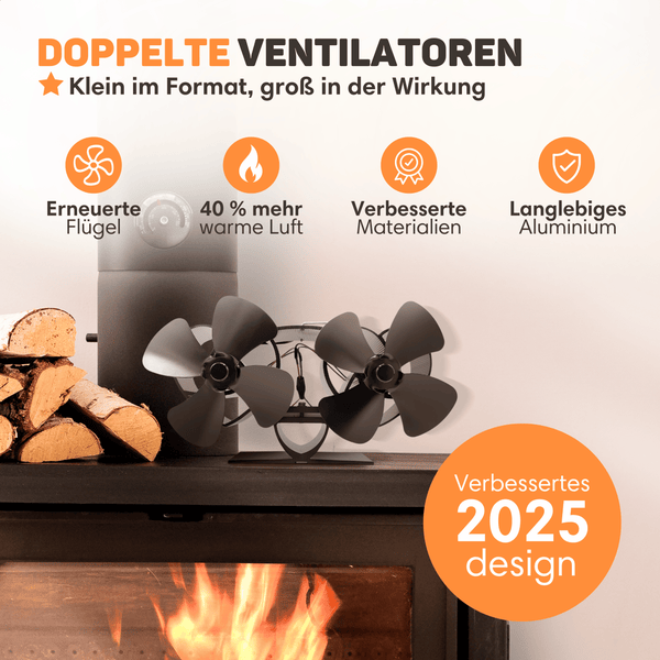 Vulpes Goods Kaminventilator - Für den Holzofen - Doppelter Wärmeventilator - Stromunabhängig - 8 Blätter - 2 Ventilatoren