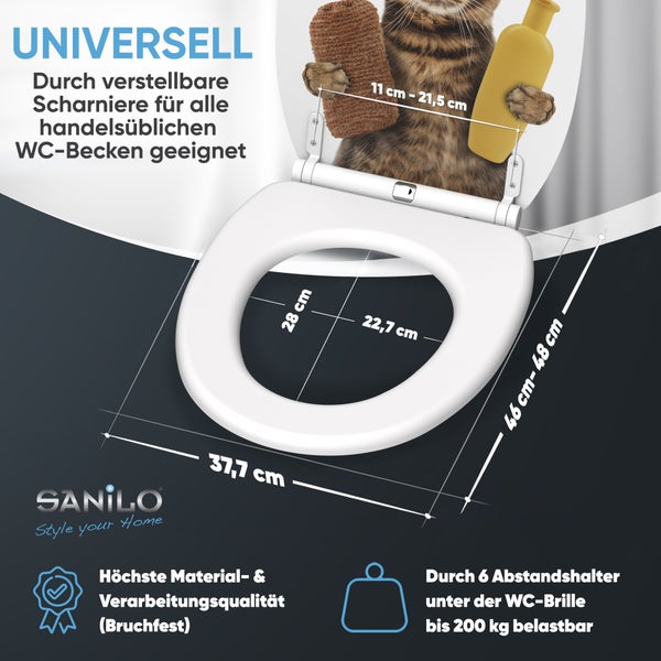 Sanilo Logo. Toilettensitz mit Katzen-Motiv und Maßen: Breite 37,7 Zentimeter, Länge 46 bis 48 Zentimeter. Belastbar bis 200 Kilogramm. Bruchfest.