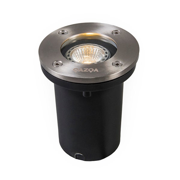 Runder Bodeneinbaustrahler für den Außenbereich mit einer Abdeckung aus Edelstahl und schwarzem Kunststoffsockel von QAZQA.