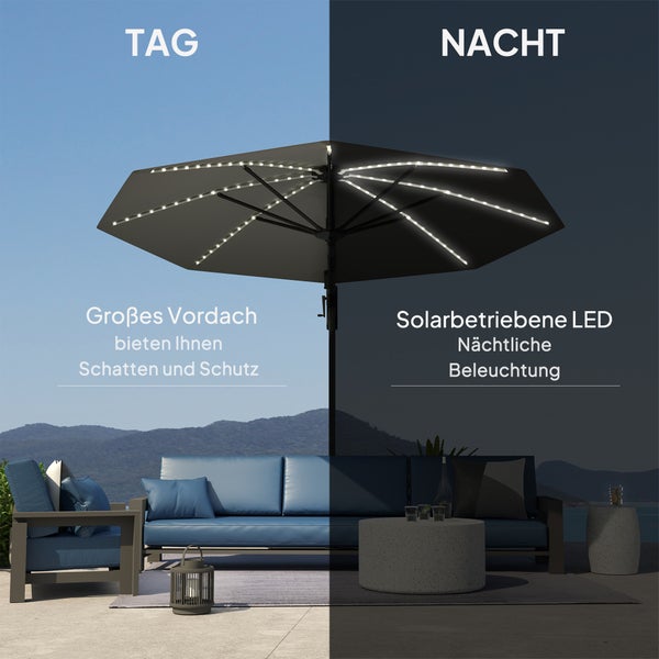 Outsunny Alu Ampelschirm LED Solar Ø300cm höhenverstellbar Sonnenschirm mit Kurbel Ständer UV50+ Wasserabweisend 360° drehbar Marktschirm neigbar Gartenschirm Sonnenschutz für Garten Balkon Dunkelgrau