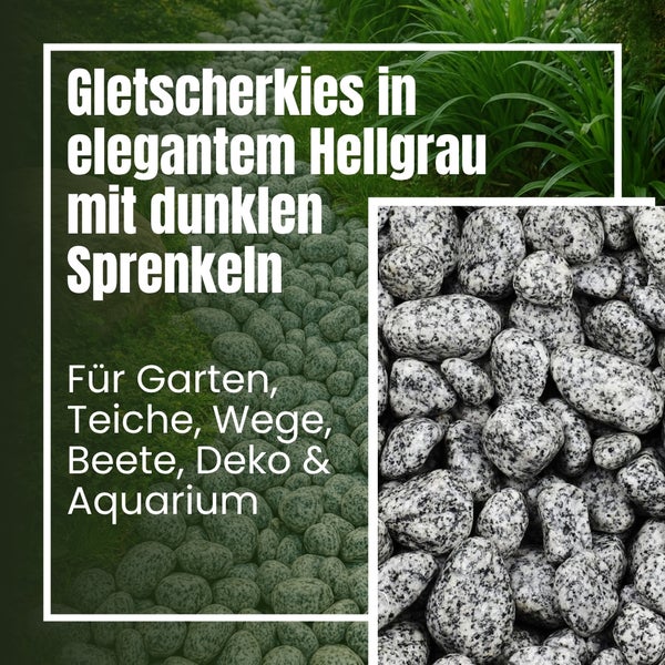 Gletscherkies in hellem Grau mit dunklen Sprenkeln für Garten, Teich, Weg, Beet, Deko und Aquarium.