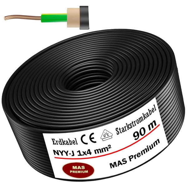 Erdkabel NYY-J 1x4 Quadratmillimeter, 90 Meter, schwarzes Starkstromkabel MAS Premium mit VDE und CE Kennzeichnung.