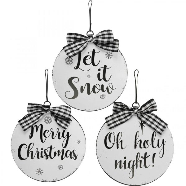 Drei runde Weihnachtshänger mit Schleife und weihnachtlichen Sprüchen