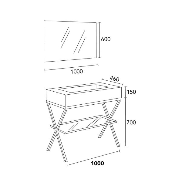 Maßzeichnung Badmöbel-Set mit Spiegel. Maße in Millimeter: Spiegel 1000 mal 600, Waschbecken 1000 mal 460 mal 150, Gestellhöhe 700.