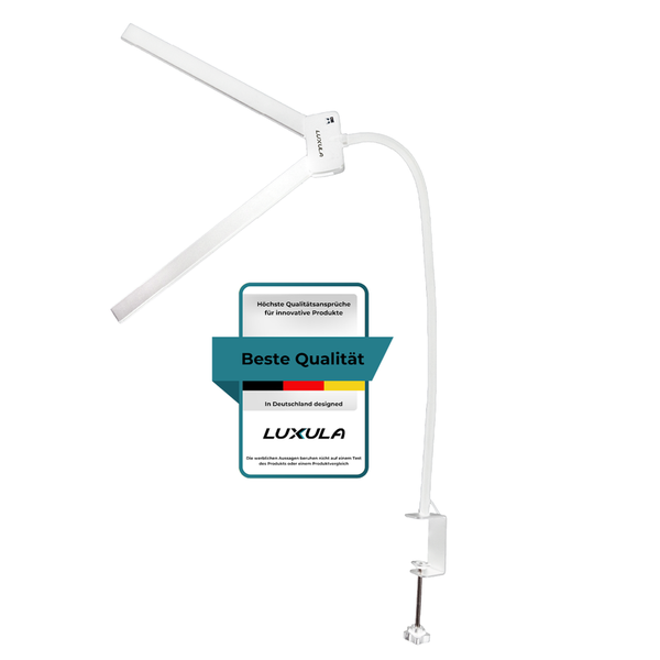 Weiße LED-Schreibtischlampe mit Tischklemme, flexiblem Hals und zwei verstellbaren Lichtleisten, Luxula Logo, beste Qualität, in Deutschland designt.