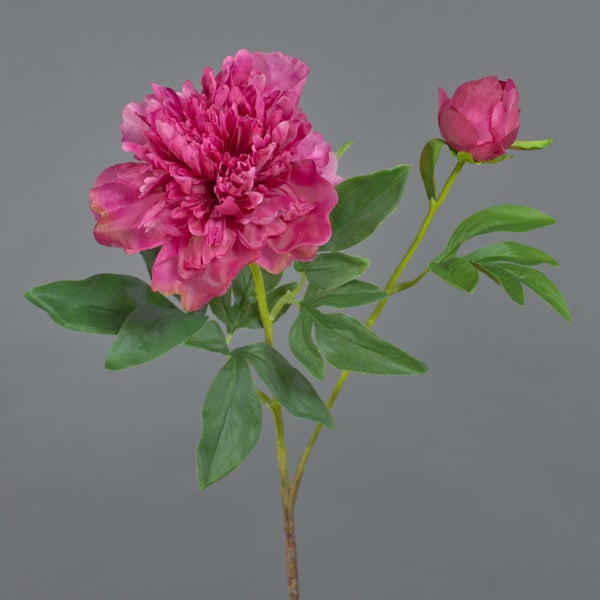 Künstliche Pfingstrose in Pink mit einer Blüte, einer Knospe und grünen Blättern.