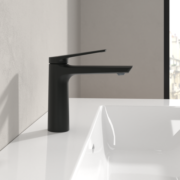 Villeroy & Boch Oasis Waschtischarmatur ohne Zugstange, Wasserhahn Bad mit Keramikkartusche, Waschbeckenarmatur wassersparend, Auslauf Höhe 114mm, rund, Matt Black