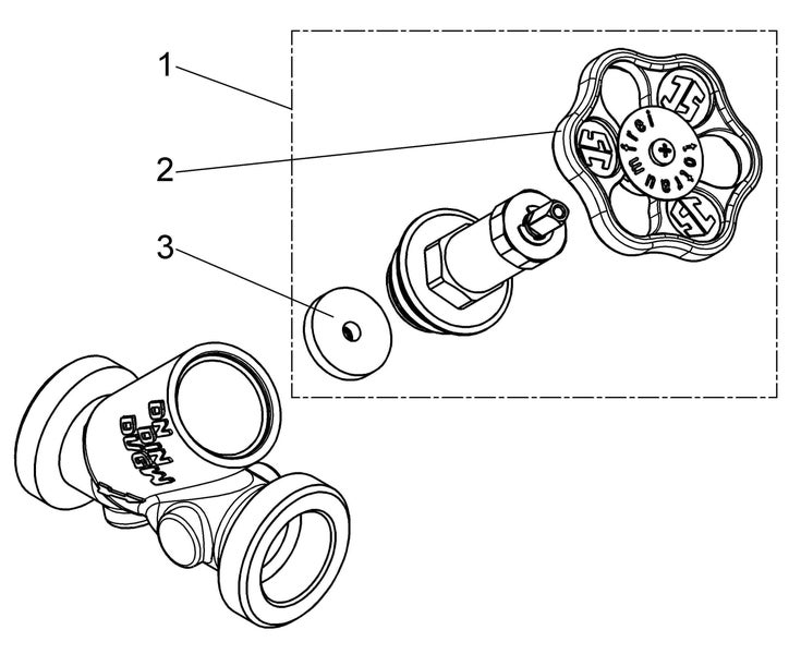 Explosionszeichnung eines Ventiloberteil-Sets mit Handrad, Spindel und Dichtung für Wasserarmaturen.